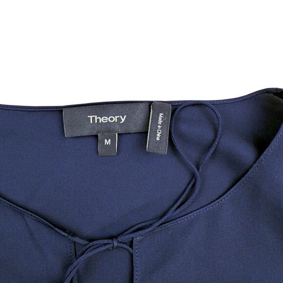 Theory Silk MED Navy Blue Keyhole Tie Front Cuffed Sleeve Blouse Tunic Minimal - Picture 6 of 9